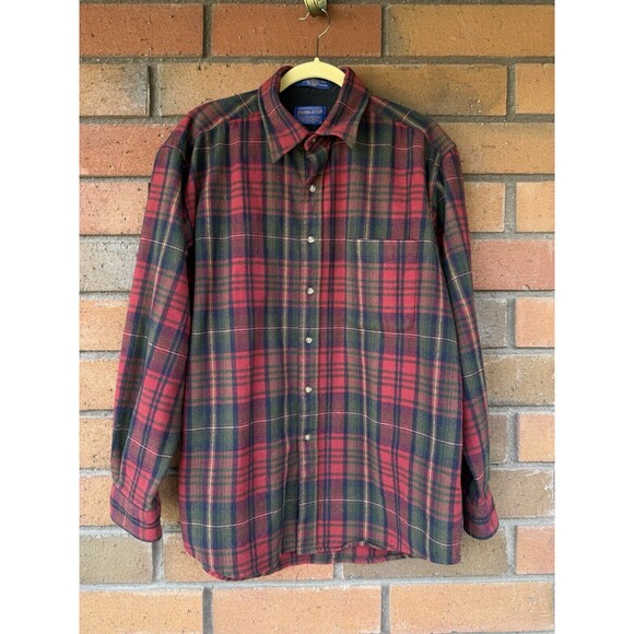 Pendleton Plaid Flannel Shirt Long Sleeve 100% Wool | Red and Green | Size Large - Picture 1 of 14